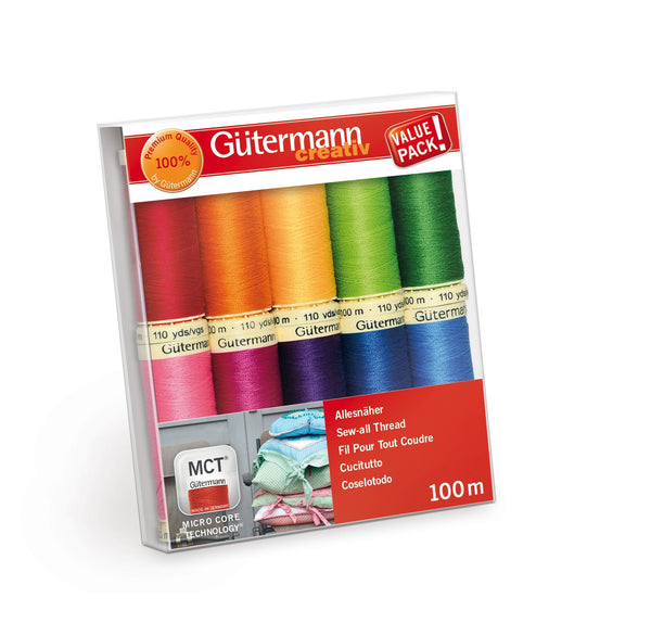Pack of Gutermann sewing threads in various colors on a white background