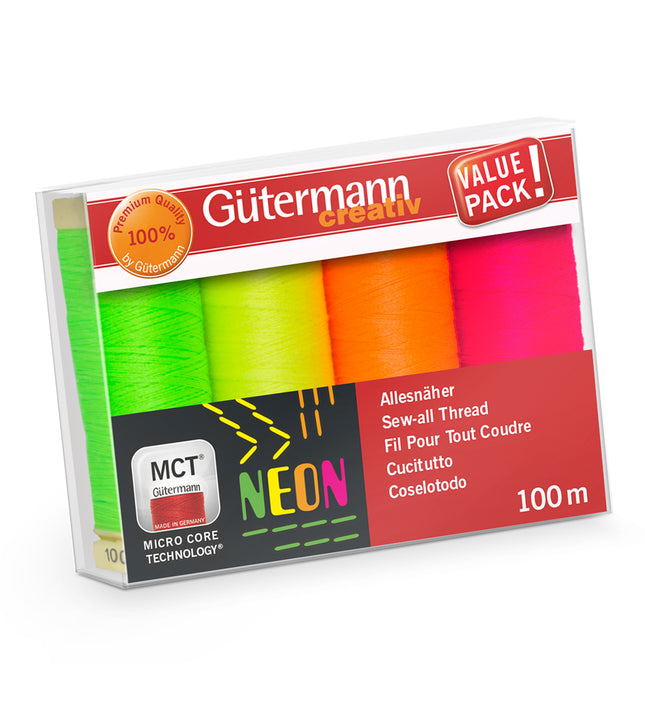 Gutermann Sew All Neon Sewing Thread Set 4 x 100m Polyester Reels Hand Machine