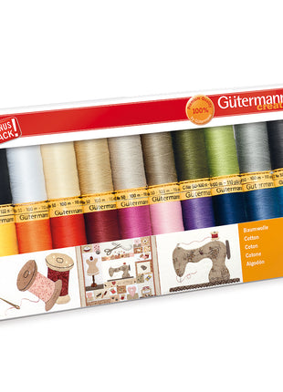 Box of Gutermann thread spools on a white background