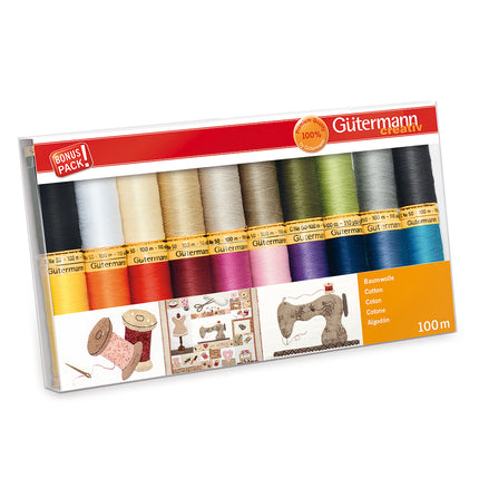 Box of Gutermann thread spools on a white background