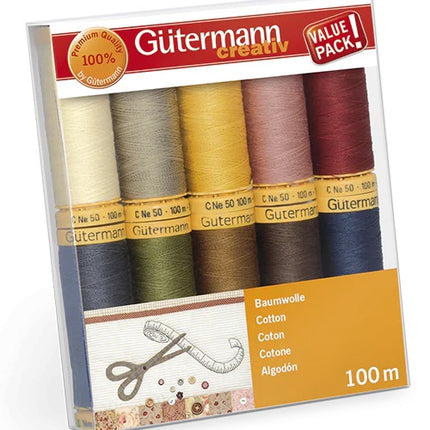 Gutermann Cotton Sewing Thread Sets C No 50 10 x 100m Reels Patchwork Quilting