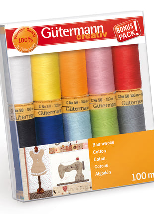 Gätermann Cotton thread set with colorful spools on a white background