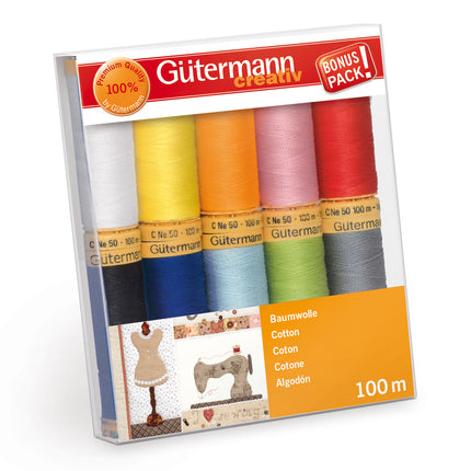 Gätermann Cotton thread set with colorful spools on a white background