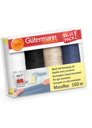 Gutermann thread package with three spools of thread on a white background