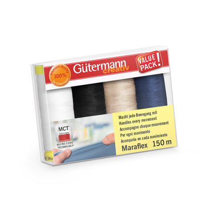 Gutermann thread package with three spools of thread on a white background