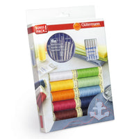 Packaging of Gütermann embroidery thread set with colorful spools on a white background