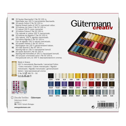 Back of a Gütermann Creativ sewing thread package showing product details, text in multiple languages, a small sample photo of pink mercedized cotton thread, a color chart, and a barcode.