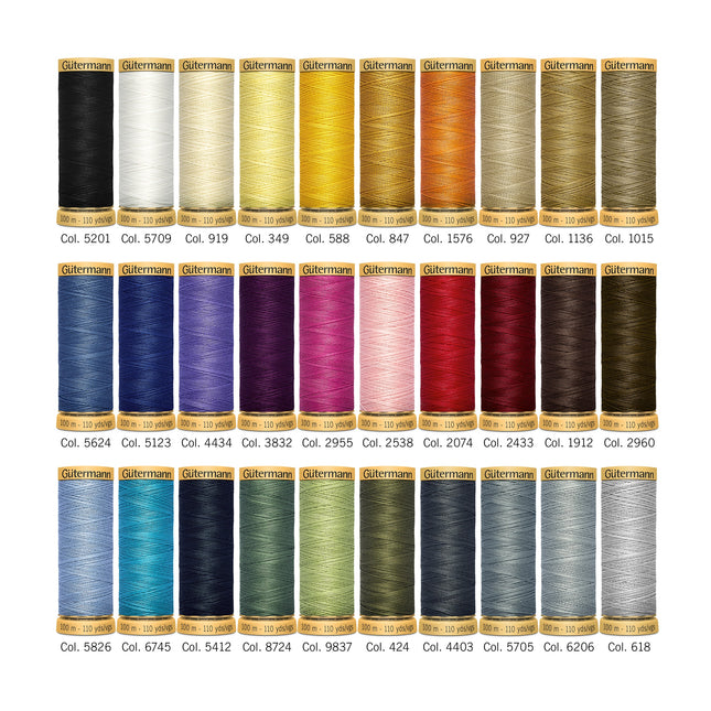 A color chart showing 30 spools of thread arranged in a 6-by-6 grid, each labeled with a Gutermann color code. The threads include black, white, cream, yellow, orange, beige, blue, purple, pink, red, brown, teal, navy, green, olive, and gray.