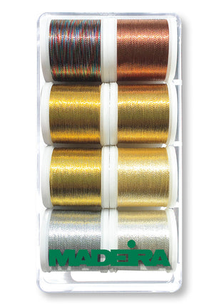 A box containing eight spools of metallic embroidery thread in various colors.