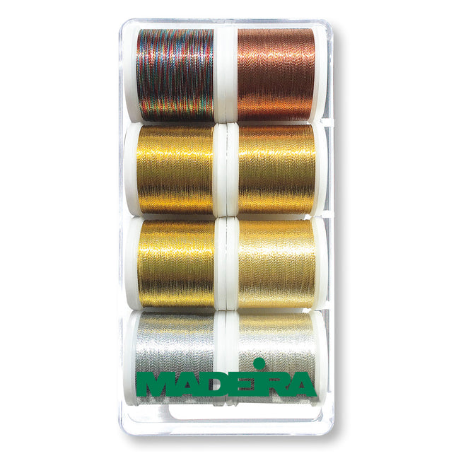 A box containing eight spools of metallic embroidery thread in various colors.