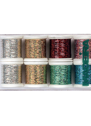 A gift box set containing eight spools of holographic metallic embroidery thread in various colors.