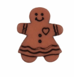 A small gingerbread woman button, and striped details, shown on a plain white background.