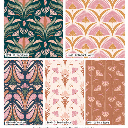 Deco Blooms cotton fat quarter bundle Art Deco floral 5pk 45x55cm Craft Cotton Company Thread and Trimmings