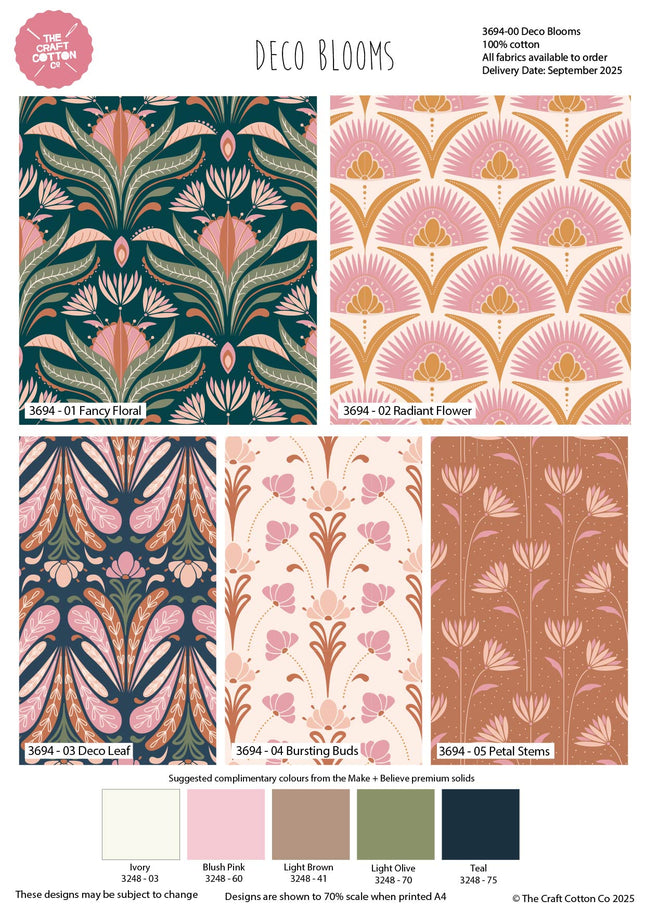 Deco Blooms cotton fat quarter bundle Art Deco floral 5pk 45x55cm Craft Cotton Company Thread and Trimmings