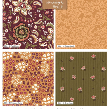 A fabric design selection sheet titled 'Folklore Bloom' showing four pattern swatches: a dark floral print, a golden floral pattern, a brown and cream floral print, and an olive green floral print. Includes a pink 'Best of Y' badge, product details, and a color palette bar at the bottom.