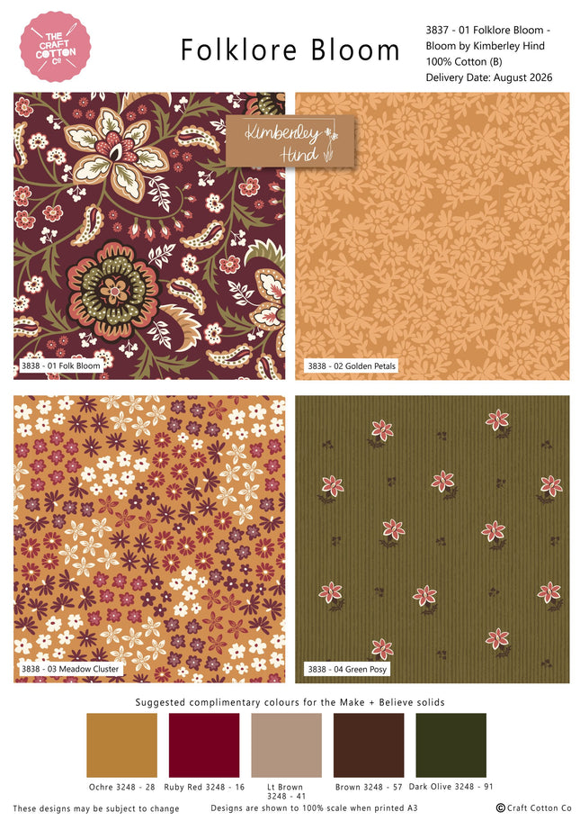 A fabric design selection sheet titled 'Folklore Bloom' showing four pattern swatches: a dark floral print, a golden floral pattern, a brown and cream floral print, and an olive green floral print. Includes a pink 'Best of Y' badge, product details, and a color palette bar at the bottom.