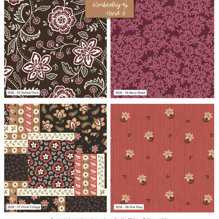 Folklore Bloom Etched Flora Fat Quarter Bundle 4pc 100% Cotton Quilting Fabric, Craft Cotton Company collection sales sheet, Thread and Trimmings