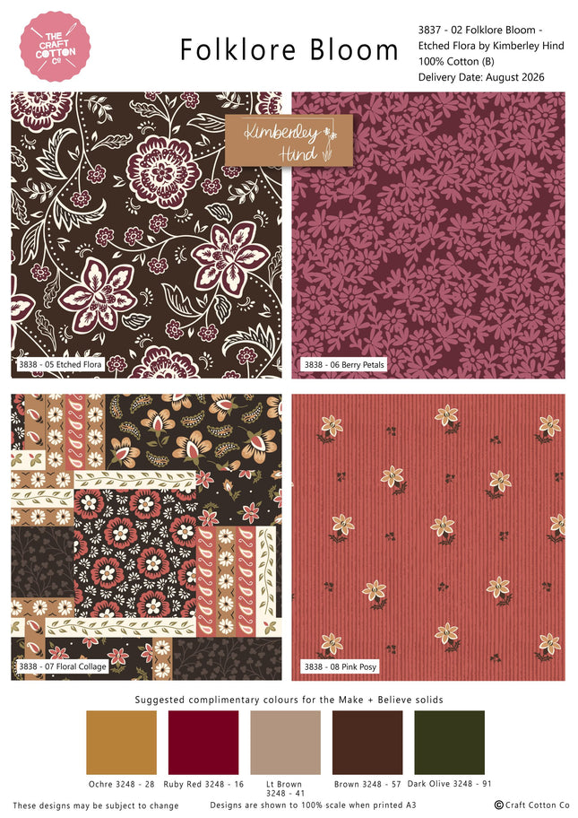 Folklore Bloom Etched Flora Fat Quarter Bundle 4pc 100% Cotton Quilting Fabric, Craft Cotton Company collection sales sheet, Thread and Trimmings