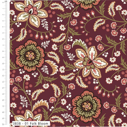 A close-up of a fabric pattern labeled '3838 - 01 Folk Bloom' on a white background with a measurement ruler along the left edge. The design features a deep burgundy background with large floral motifs in cream, rust orange, olive green, and white, interspersed with smaller floral and paisley details.