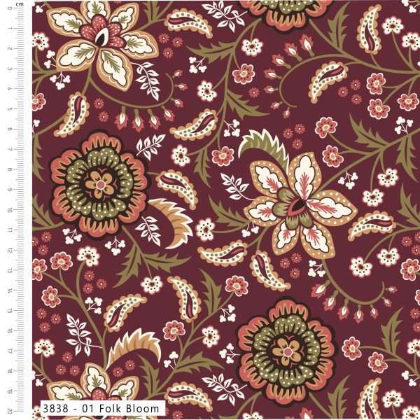 A close-up of a fabric pattern labeled '3838 - 01 Folk Bloom' on a white background with a measurement ruler along the left edge. The design features a deep burgundy background with large floral motifs in cream, rust orange, olive green, and white, interspersed with smaller floral and paisley details.