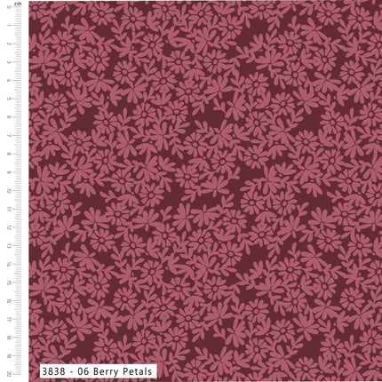 Folklore Bloom Etched Flora Fat Quarter Bundle 4pc 100% Cotton Quilting Fabric, Berry Petals floral design on berry pink, Thread and Trimmings
