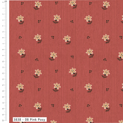 Folklore Bloom Etched Flora Fat Quarter Bundle 4pc 100% Cotton Quilting Fabric, Pink Posy floral design on red, Thread and Trimmings