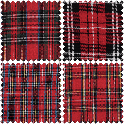 Four different tartan fat quarter patterns of red plaid fabric arranged in a 2x2 grid.