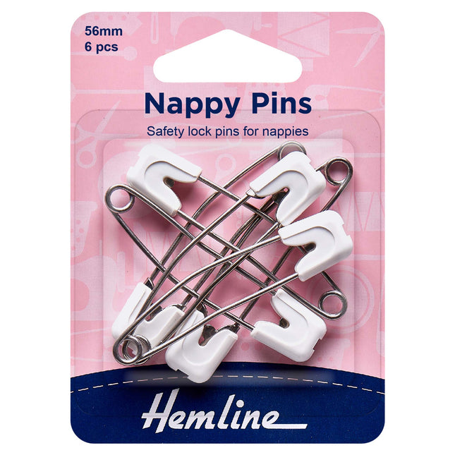 Nappy Pins Hemline H413 Baby Safety Lock Pins 56mm 6pcs Card White Pink Blue