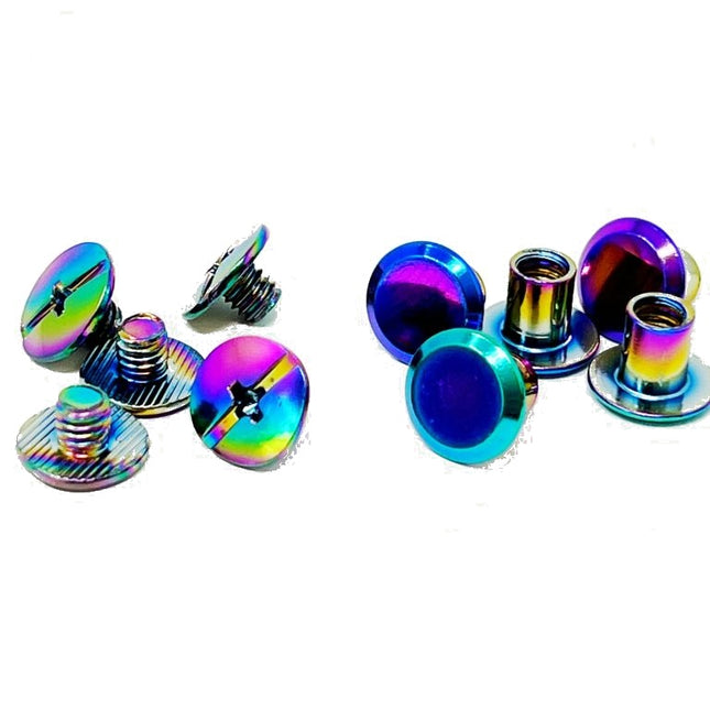 A set of metallic chicago screws with an iridescent rainbow finish, displayed on a clean white background.