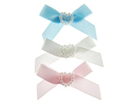 Small Satin Bow with 10mm Pearl Heart - Pink, White Blue - Choice of Pack Sizes - ThreadandTrimmings