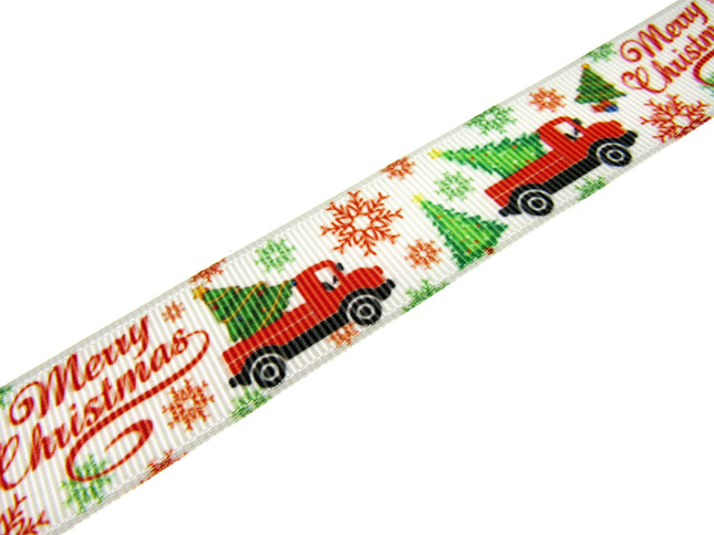 Merry Christmas Ribbon - Truck, Tree & Snow Flakes - 3m - Printed One Side Only