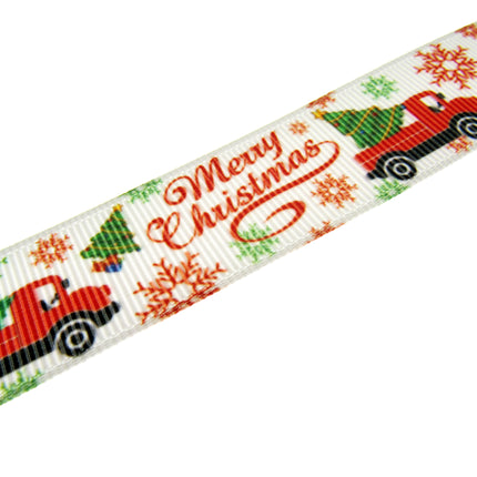 Merry Christmas Ribbon - Truck, Tree & Snow Flakes - 3m - Printed One Side Only