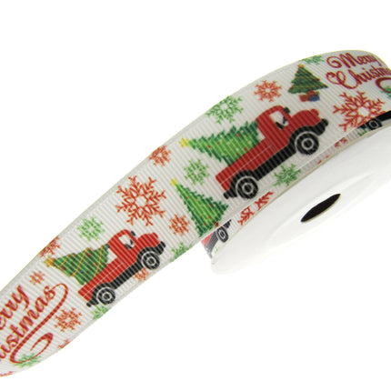 Merry Christmas Ribbon - Truck, Tree & Snow Flakes - 3m - Printed One Side Only