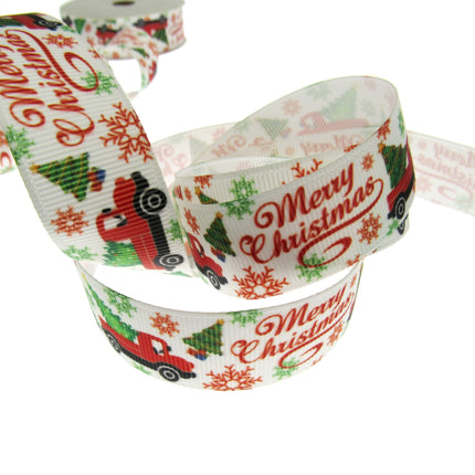Merry Christmas Ribbon - Truck, Tree & Snow Flakes - 3m - Printed One Side Only