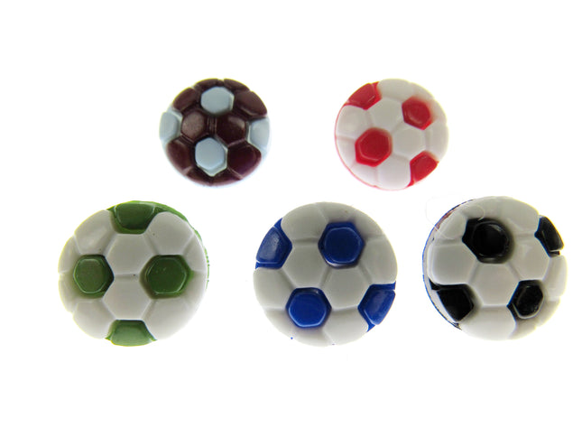 An array of 5 football soccer buttons in bright colours set against a white background