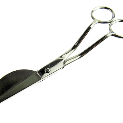 Metallic shears with a curved, broad blade and two circular finger rings, shown on a plain white background.