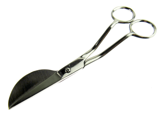 Metallic shears with a curved, broad blade and two circular finger rings, shown on a plain white background.