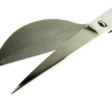 A close-up shot of a pair of silver metal scissors with a brushed finish on one blade and polished edges on the other, set against a plain white background.