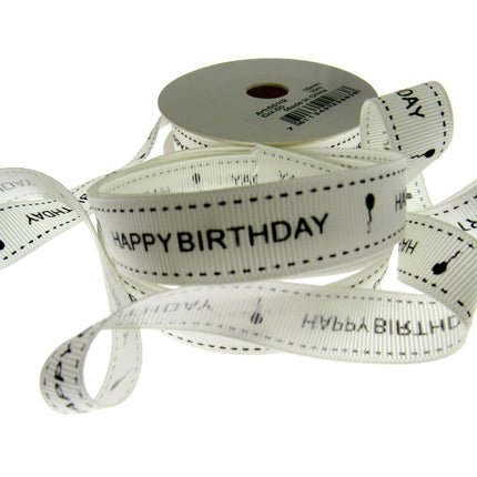 Happy Birthday Ribbon 16mm 10m Roll Ivory Grosgrain with Black Text and Balloon - ThreadandTrimmings