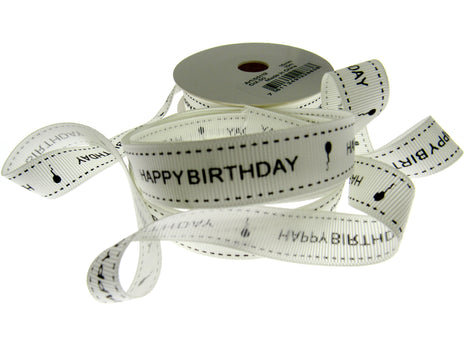Happy Birthday Ribbon 16mm 10m Roll Ivory Grosgrain with Black Text and Balloon - ThreadandTrimmings