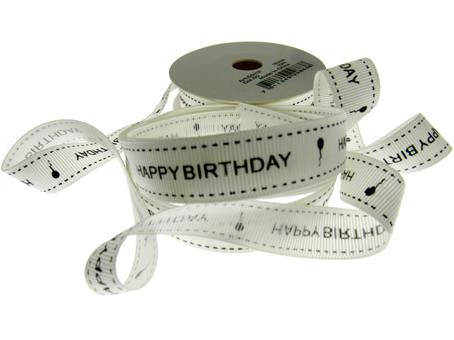 Happy Birthday Ribbon 16mm 10m Roll Ivory Grosgrain with Black Text and Balloon - ThreadandTrimmings