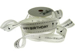 Happy Birthday Ribbon 16mm 10m Roll Ivory Grosgrain with Black Text and Balloon