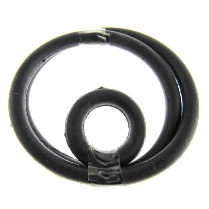 Two black rubber sewing machine belts, one larger and one smaller, laid out on a white background.
