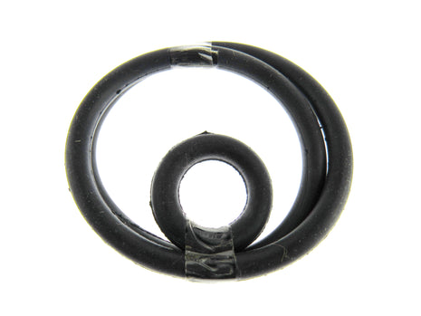 Two black rubber sewing machine belts, one larger and one smaller, laid out on a white background.