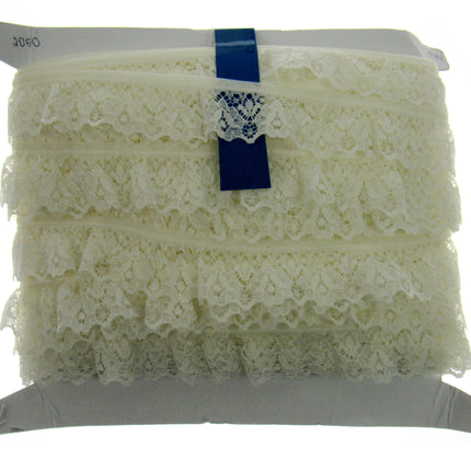 Gathered Frilled Nylon Lace with Large Daisy - 25mm 1" - Nottingham Lace - 2050F - ThreadandTrimmings