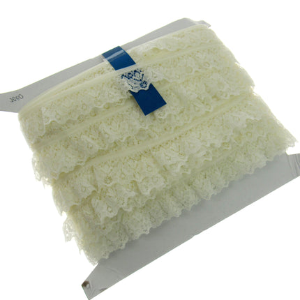 Gathered Frilled Nylon Lace with Large Daisy - 25mm 1" - Nottingham Lace - 2050F - ThreadandTrimmings