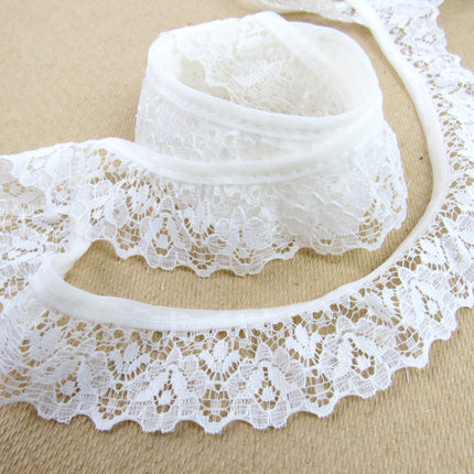 Gathered Frilled Nylon Lace with Large Daisy - 25mm 1" - Nottingham Lace - 2050F - ThreadandTrimmings