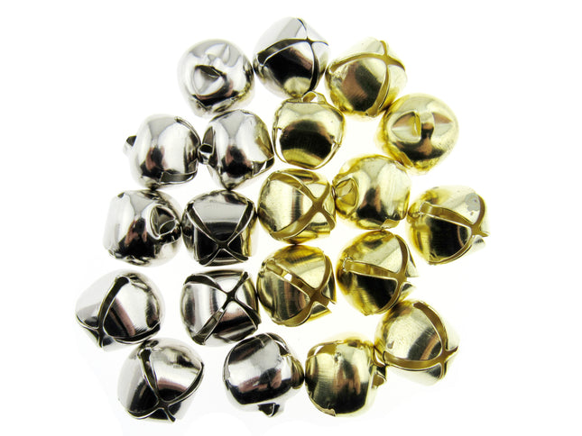 A pile of small metallic bells in silver and gold finishes, arranged on a plain white background.
