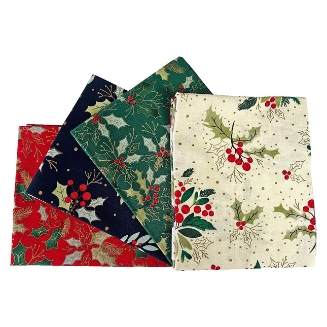 Christmas Fat Quarters Traditional Holly Metallic Print 4pk Craft Cotton Co