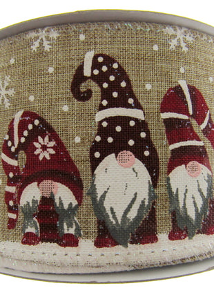 Wired Edge Christmas Ribbon with Elves & Snowflake Design - 63mm Wide - 10m Roll - ThreadandTrimmings